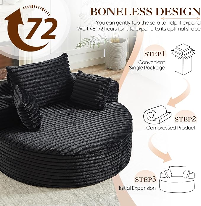 Oversized Round Chaise Longue Chair Indoor, Modern 55-inch Upholstered Corduroy Deep Seat Circle Single Cloud Lounge Floor Sofa Chair for Living Room, Bedroom Apartment, Black