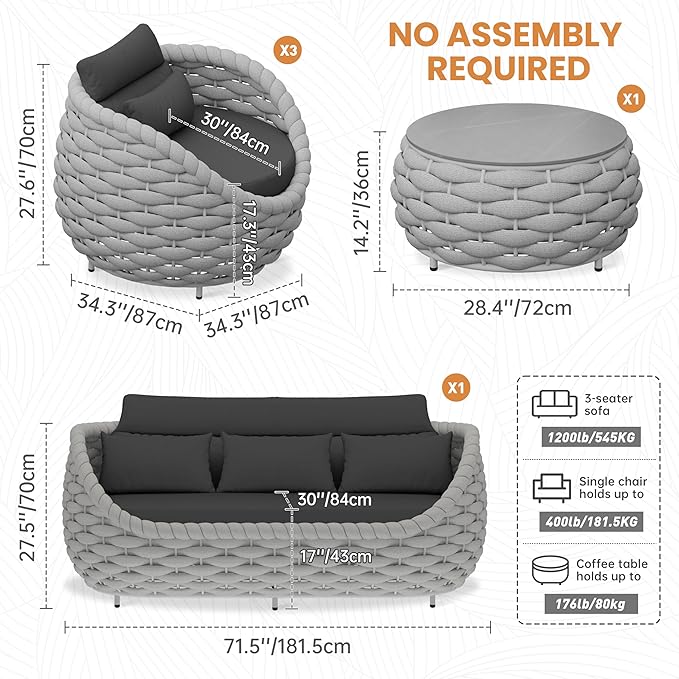 Erotr Aluminum Outdoor Patio Couch Set: 5 Pieces Woven Rope Porch Furniture Sofa Set Cushioned - Metal Modern Deck Conversation Set - All Weather Assembled Courtyard Seating for Backyard Pool Hotel