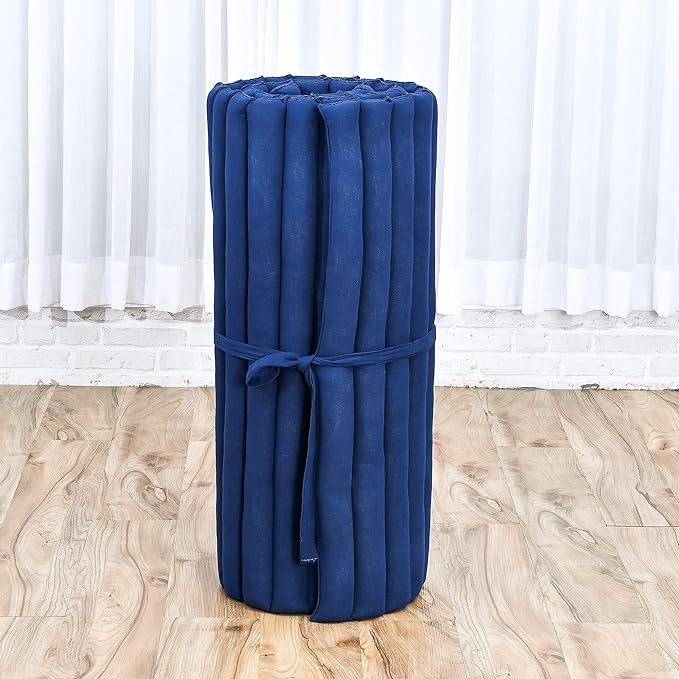 Leewadee - Foldable Floor Mattress - Japanese Roll Up Futon -Trifold Tatami Mat- Guest Floor Bed - Camping Mattress - Thai Massage Mat, Kapok Filled, 75 x 28 inches, Blue