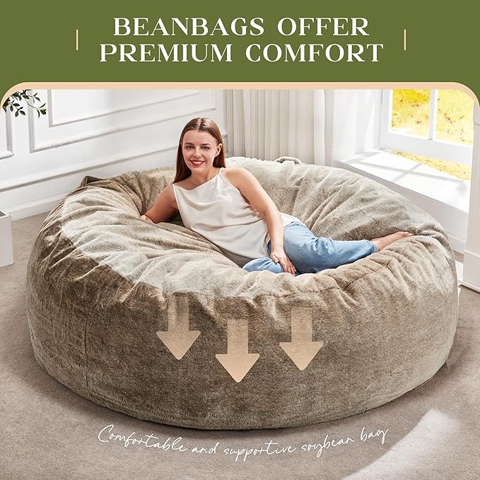 Hobestluk Bean Bag Chairs Giant Beanbag Chair with Filler, Memory Foam Bean Bags with Fluffy & Machine Washable Cover, Bean Bag Chairs for Aduts for Living Room, Bedroom (BROWN, 6FT - 70" x 70" x 15")