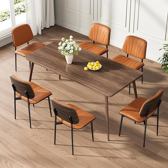 Dining Chairs Set of 8, Mid-Century Modern Upholstered PU Leather Chairs with Walnut Back and Metal Legs Adjustable Feet for Kitchen Dining Room, Orange Shell Strips