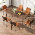 Dining Chairs Set of 6, Mid-Century Modern Upholstered PU Leather Chairs with Walnut Back and Metal Legs Adjustable Feet for Kitchen Dining Room, Orange Shell Strips