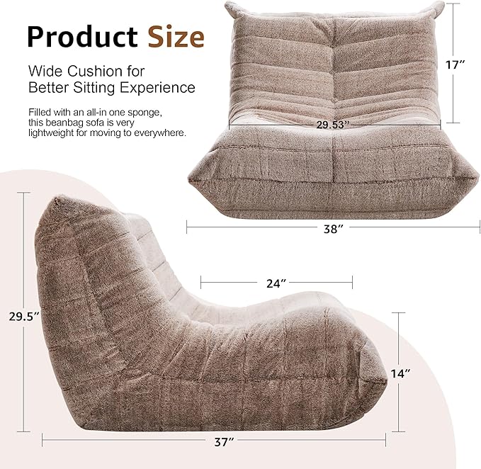 Bean Bag Chairs for Adults Giant Bean Bag Chair Memory Foam BeanBag Chair Bean Bag Sofa with Filler Faux Fur Fireside Beanbags Lazy Sofa for Living Room Bedroom Office (Brown Plush, Single)