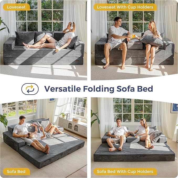 MAXYOYO Convertible Sofa Bed, 80" Oversized Boneless Loveseat Couch 4 in 1 Foldable Floor Sofa Couch in A Box with 2 Cup Holders, Folding Sleeper Chair for Living Room, No Assembly Required, Dark Grey
