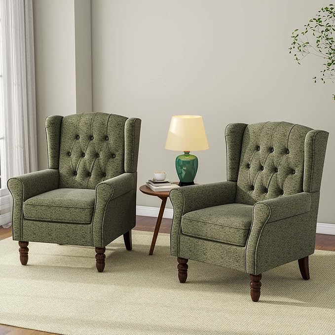 DREAMSIDEA Accent Chair, Upholstered Armchair with Button Tufted High Back & Solid Wood Legs, Comfy Wingback Reading Single Sofa Chair for Small Spaces, Living Room, Bedroom-Green, Set of 1