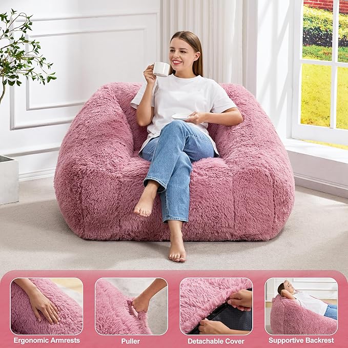 Hobestluk Bean Bag Chairs for Adults Giant Bean Bag Chair with Memory Foam Filling, Adult Beanbag for Bedroom, Living Room (Pink Plush)