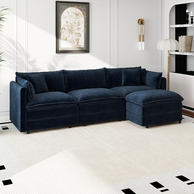 Aoowow Modular Sectional Sofa Modern Convertible L Shaped Couch,112.2 Inch Deep 3-Seater Sofas Set Comfy Chenille Cloud Sofas and Couches with Movable Ottoman for Living Room Apartment（Blue）