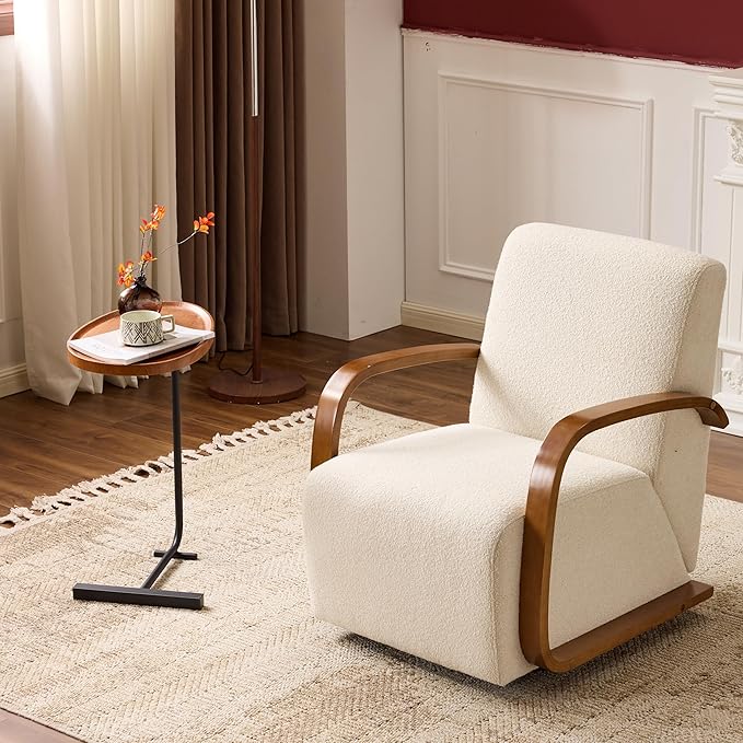 Swivel Accent Chair with Soild Wood Armrest, Modern Lounge Conversation Chair with Pillow, 360-Degree Rotation for Living Room, Office (Fabric, Beige)