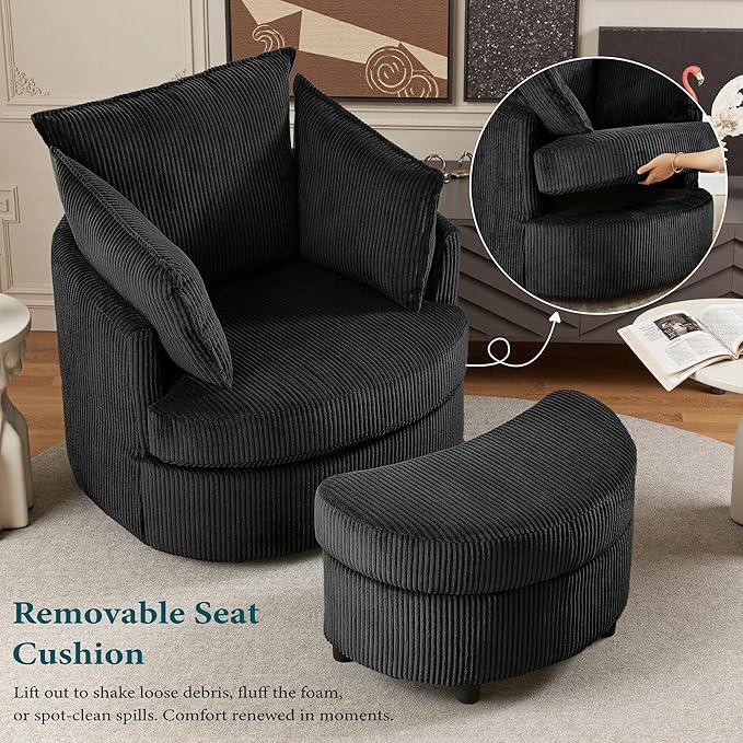 Chorlenimi Swivel Accent Chair Round Barrel Armchair Upholstered Living Room Chair Corduroy Reading Chair Single Sofa Chair for Bedroom Apartment Office (Black, Upgrade 1Seater+ Ottoman)