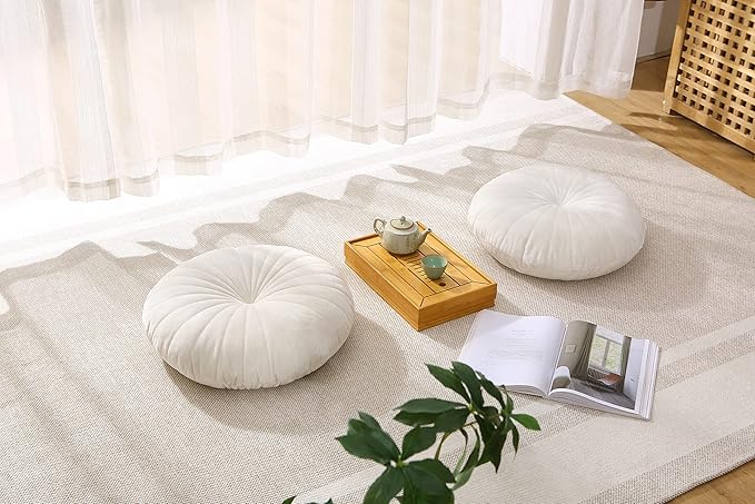 Floor Pillow Meditation Cushion Round Large Floor Pillows Seating for Adults, Velvet Thick Floor Cushions for Yoga Living Room Balcony Outdoor Tatami 18inch（Beige）