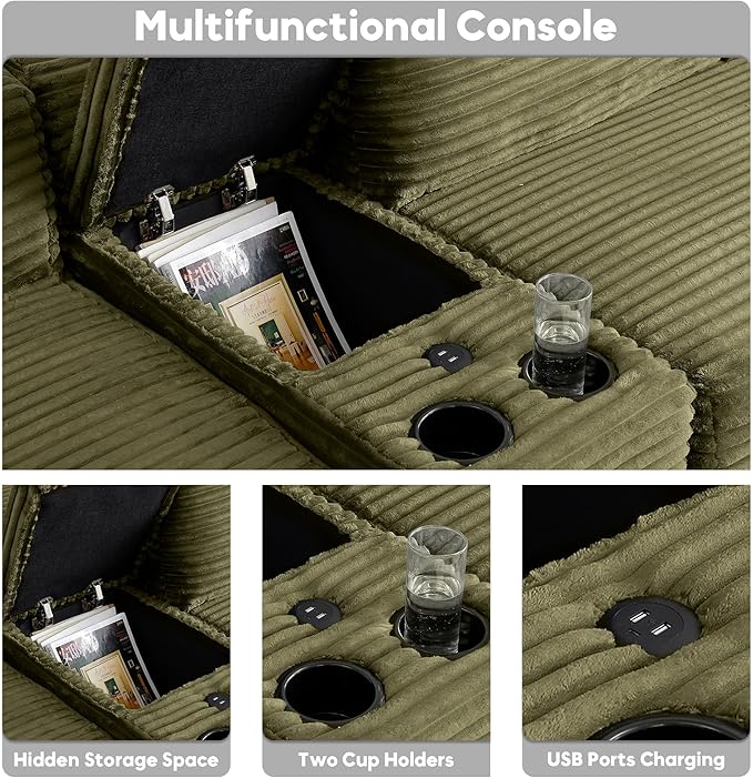 125” Oversized Modular Sectional Sofa, Deep Seat Corduroy Cloud Couch with Cup Holders, USB Ports & Storage Box, Sleeper Sofa Couch Boneless Couches for Living Room, No Assembly Required (Green)