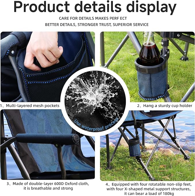 Folding Camping Chair with Cup Holder and Storage Bag, Heavy Duty Support 400 LBS, Oversized Collapsible Portable Camping Chair for Outdoor Camp, Picnic, Travel, Fishing Blue