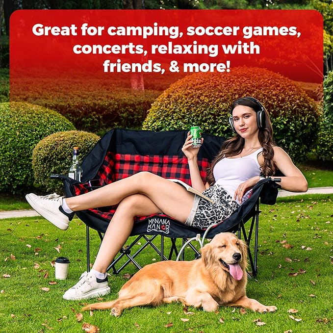 Double Camping Chair with 650lbs Weight Capacity for 2 Person – Portable & Foldable Extra Padded Camping Couch with Cup Holder & Carry Bag for Patio, Beach, Lawn, RV, Camping, Tailgate