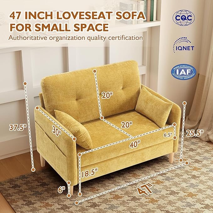 47" Small Sofa Couch for Bedroom, Soft Chenille loveseat Mini Couch with Throw Pillow and Removable Cushion Cover for Small Spaces, Living Room, Apartment, Dorm, Office(Yellow)