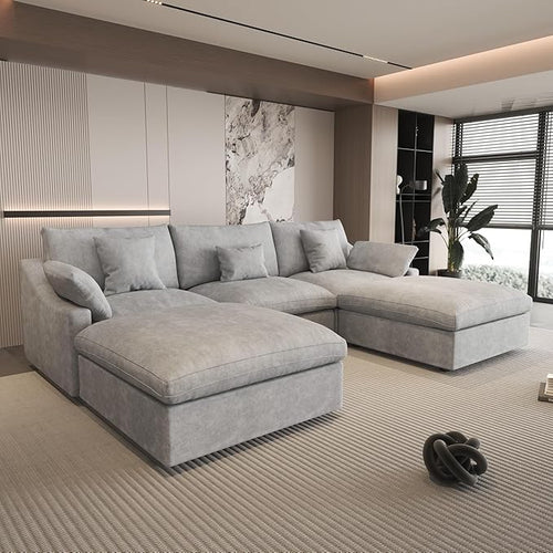 120" Cloud Couch Modular Sectional Sofa with Ottoman,Down Filled U Shaped 5 Seater Convertible Sofa,Cover Washable and Replaceable Couches for Living Room,Gray