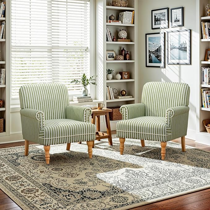 HUIMO Linen Fabric Accent Chair, Mid-Century Modern Armchair with Solid Wood Legs, Single Sofa Chair,Upholstered Reading Club Chair (2, Green and White Stripe)