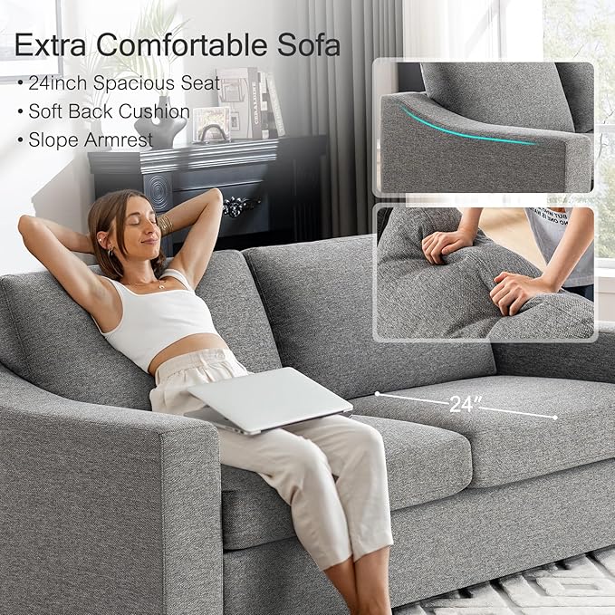 ELUCHANG Convertible Sectional, L-Shaped Couch with Extra Deep Seats, Natural Linen Fabric Comfy Modern Corner Sofa for Living Room, Office, Grey