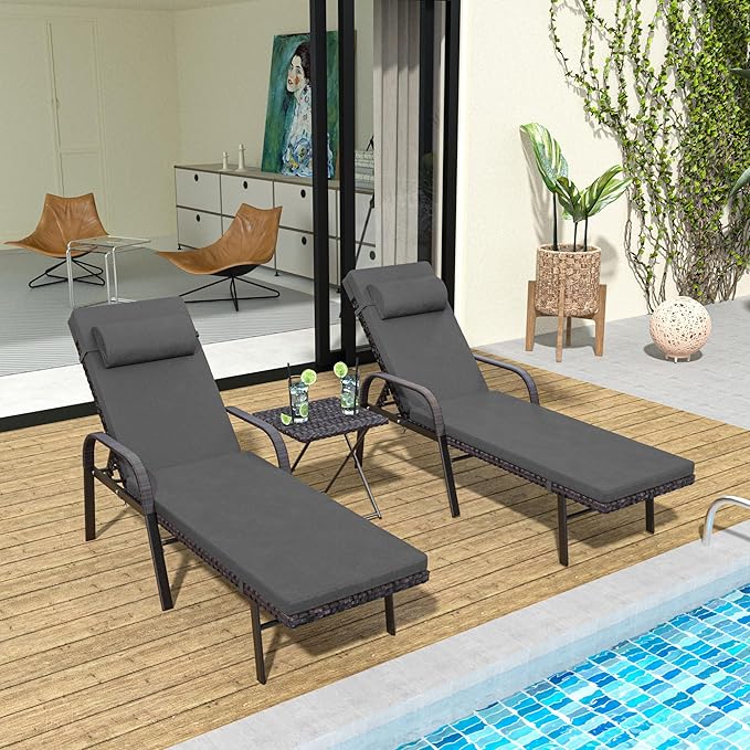 Trumbeak Patio Chaise Lounge Set 3 Pieces Pool Lounge Chairs,Cushioned Outdoor Folding Lounge Chair w/Arm and Rattan Adjustable Backrest for Poolside Porch,Folding Table Included,Grey