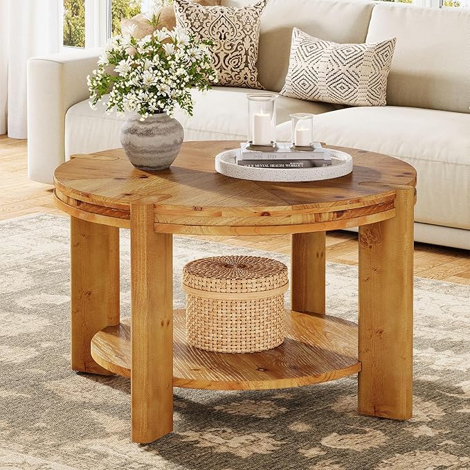 TRIBEWOOD Round Solid Wood Coffee Table, 29.5" Small Farmhouse Circle Accent Center Tables with Storage Shelf for Living Room, 2 Tiers Open-Style Storage Cocktail Tea Furniture, Rustic Brown