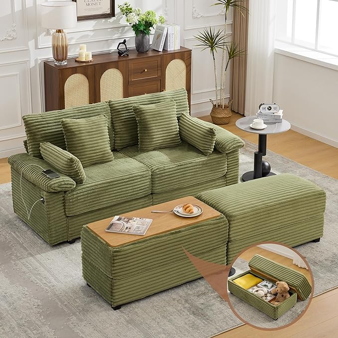75" Corduroy Loveseat with Storage Ottoman & USB, Cloud Deep Seat Couch with Convertible Ottoman Coffee Table, Double Chaise Lounge for Living Room, Green