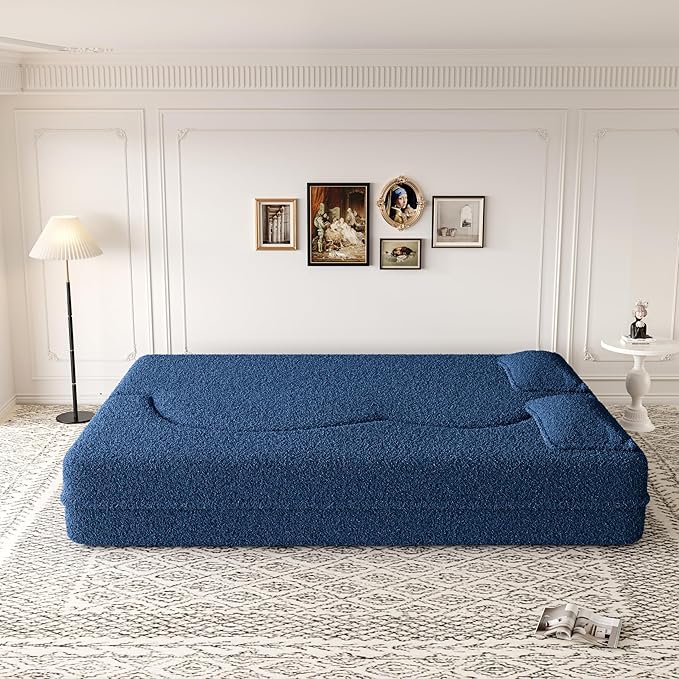 SZLIZCCC 78'' Modern Floor Sofa Bed, Convertible Teddy Fabric Sleeper with 2 Pillows, Modern Teddy Fabric Floor, Foam Folding Mattress for Living Room, Guest Bed, Playroom & Small Spaces (Blue)