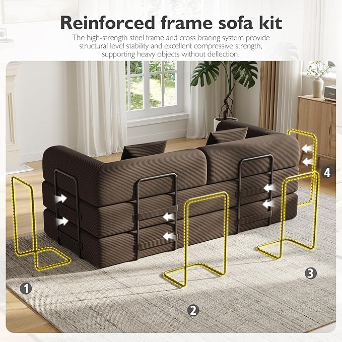 79 Inch 5-in-1 Convertible Sofa Bed, Corduroy Boneless Floor Couch with Fixed Frame & Pillow, Modular Folding Mattress Lounger for Small Space, Living Room, Bedroom - Easy Assembly(Brown)