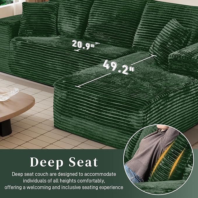 Modular Sectional Sofa Cloud Sectional Couch, 107" Comfy Fluffy L Shaped Green Couches for Living Room, Deep Seat Memory Foam Plush Corduroy Boneless Couch Sectionals with Right Facing Chaise Sofa