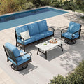 HERA'S HOUSE 4 Piece Metal Patio Furniture Set, All Weather Outdoor Conversation Set with 3 Seat Sofa, 2 Swivel Chairs & Coffee Table, Seats 5 for Backyard, Garden, Deck, Navy Blue
