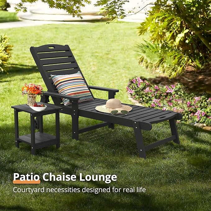 LUE BONA Chaise Lounge Chair with Table, 3-Piece, HDPS Chaise Lounger, 5 Positions Adjustable Lounge Chairs, Pool Lounge Chair with Wheels for Poolside, Backyard, Black