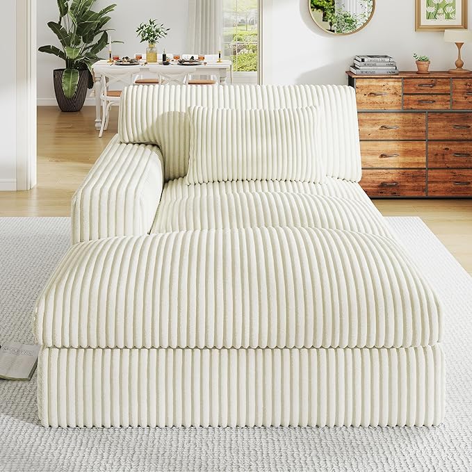 Oversized Chaise Lounge Sofa Chair Indoor，Soft Corduroy Fabric, Boneless sofawith Cushion，A Comfortable, deep-Seated Cloud Sofa for use in The Living Room.(Singler-Left-arm-White)
