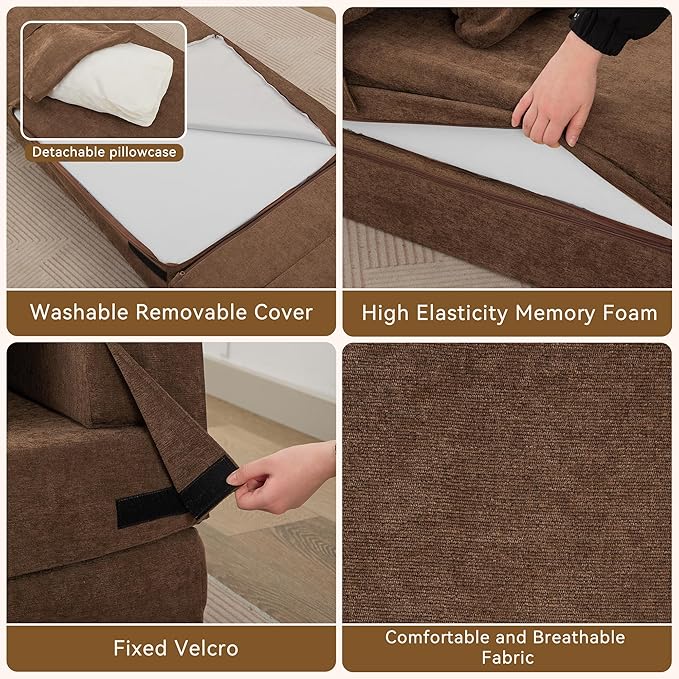 Folding Sofa Bed Convertible Floor Couch Foldable Chair Bed with Pillow，Linen Sleeper Chair Futon,Foldable Memory Foam Mattress for Bedroom/Living Room/Dorm/Office (Brown, Single)