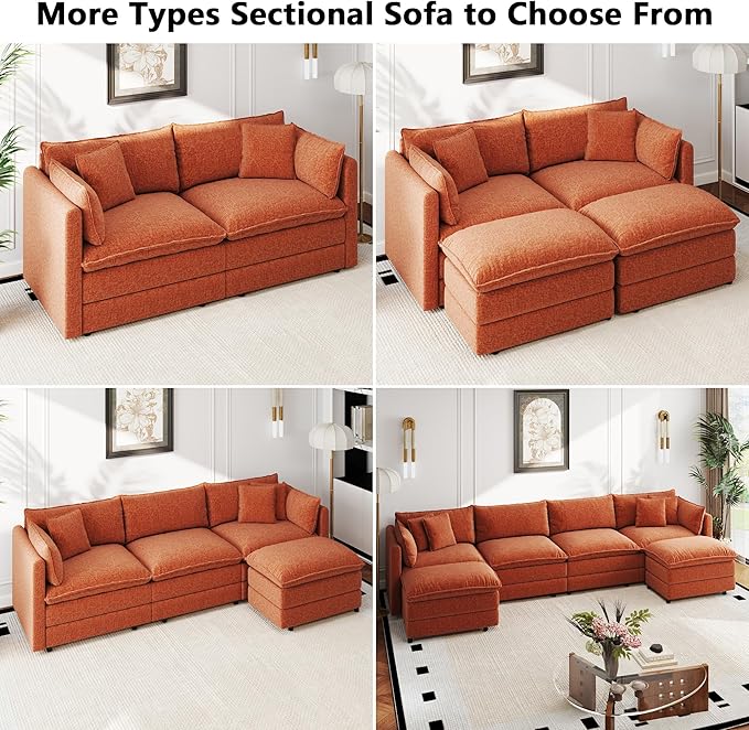 Aoowow Modular Sectional Sofa Modern Convertible L Shaped Couch,111.5 Inch Deep 3-Seater Sofas Set Comfy Chenille Cloud Sofas and Couches with Movable Ottoman for Living Room Apartment(Orange)