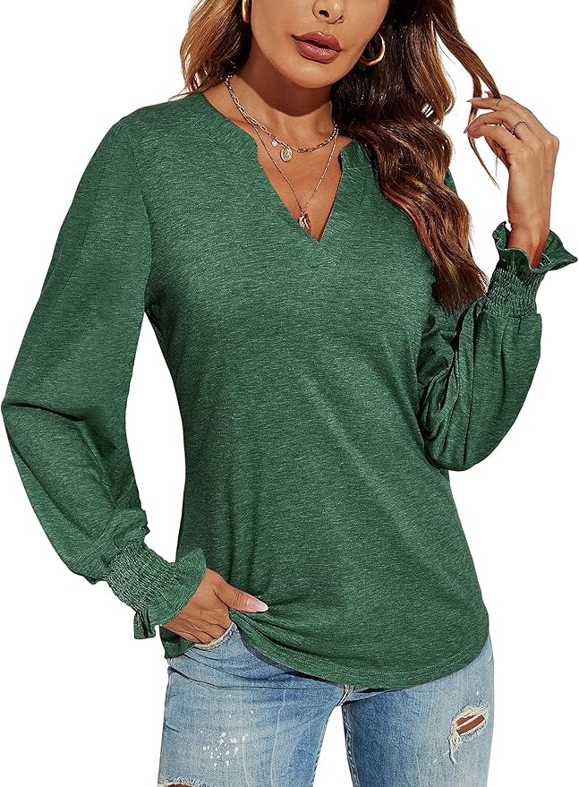 Romanstii Women's Casual V-Neck T-Shirts Loose Puff Long Sleeve Tops Tunic Blouses