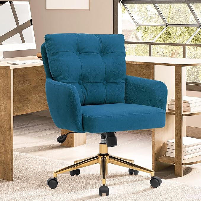 BALIAA Flannel Office Chair, Comfy Home Office Desk Chairs with Lumbar Support, Modern Velvet Desk Chair Gold Legs Small Swivel Task Chair for Home Office, Bedroom, Study (Blue, L)