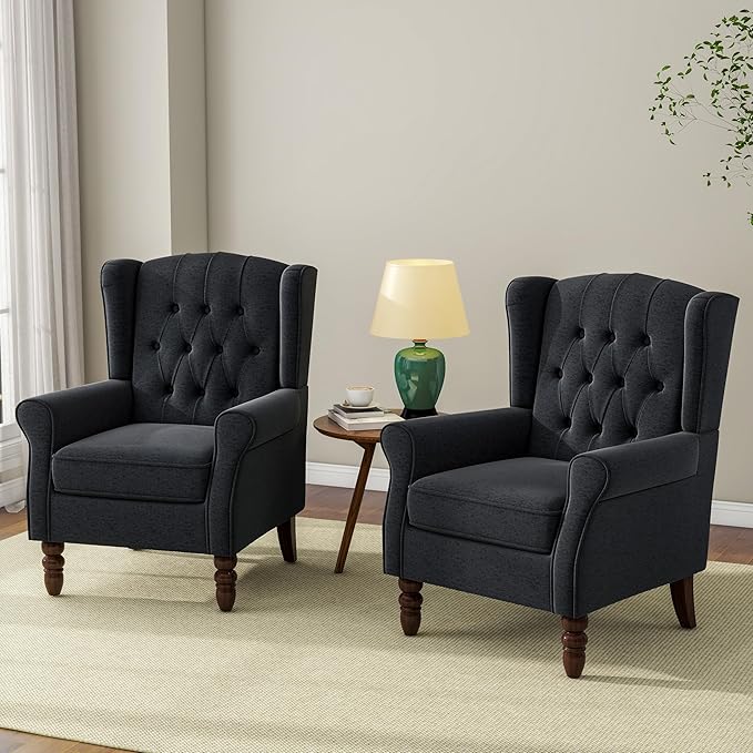 DREAMSIDEA Accent Chair, Upholstered Armchair with Button Tufted High Back & Solid Wood Legs, Comfy Wingback Reading Single Sofa Chair for Small Spaces, Living Room, Bedroom-Blue,1 SEAT
