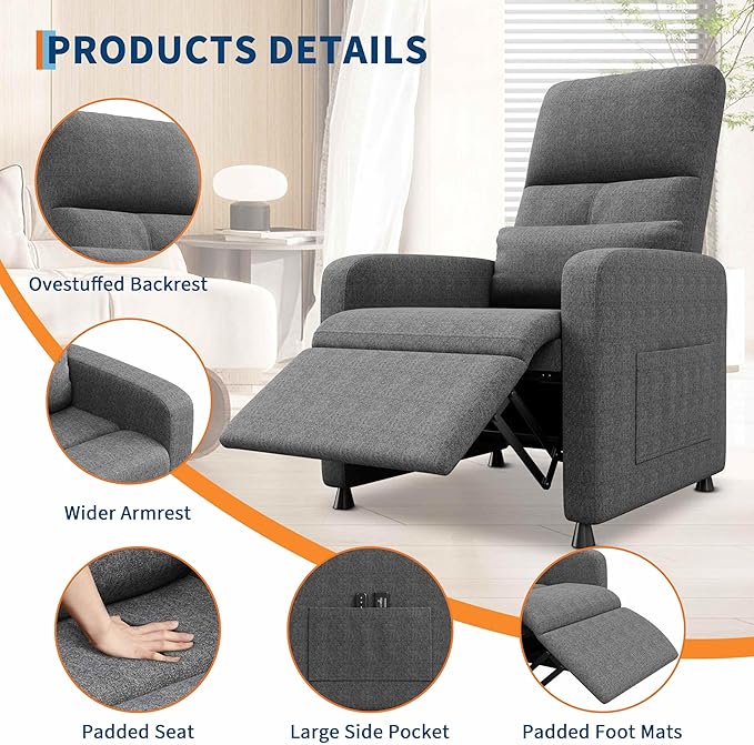 GarveeHome Power Recliner Chair, Adjustable Electric Recliner Ergonomic Overstuffed Single Sofa, Tall Back, Padded Seat, 2 Side Pockets and USB Port, Home Theater Seating for Living Room