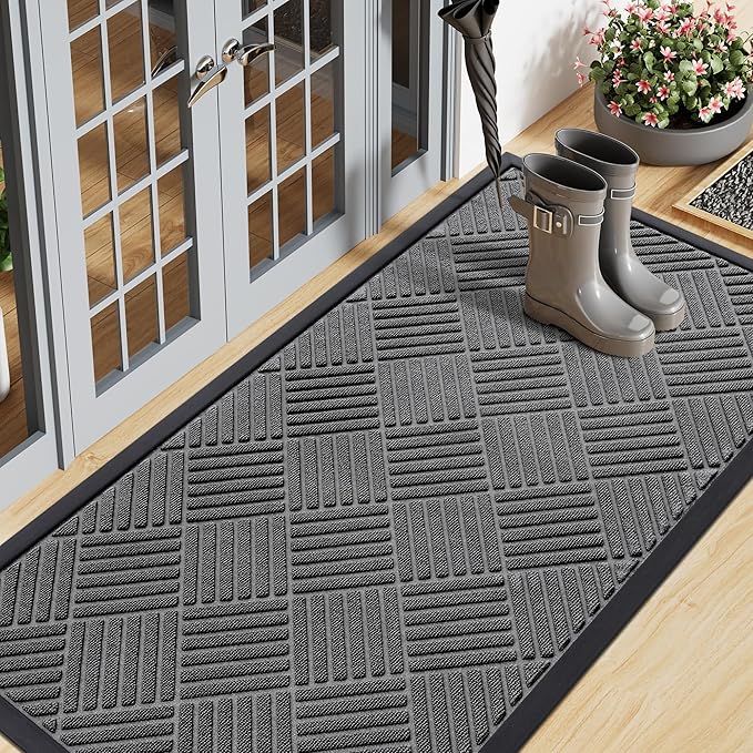 Smiry Front Door Mat Outside Entrance, Heavy Duty Outdoor Indoor Natural Rubber Doormat, Non Slip, Trap Dirt and Moisture, Easy Clean, Low Profile Patio Porch Entryway Mat, 59x20, Grey