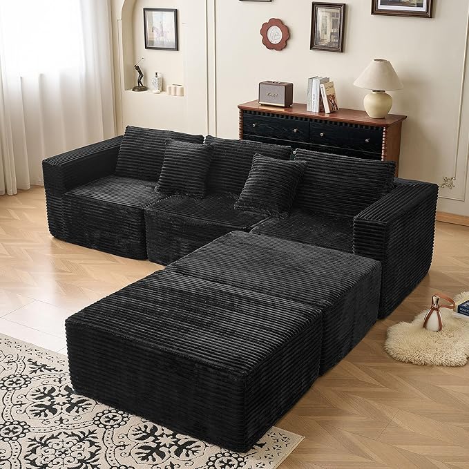 110" Modular Sectional Couch with 2 Movable Ottoman, Cloud Sofa Couches for Living Room, U Shaped Deep Seat Boneless Sofa,Luxury Corduroy Fabric, No Assembly Required