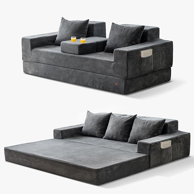 MAXYOYO Convertible Sofa Bed, 80" Oversized Boneless Loveseat Couch 4 in 1 Foldable Floor Sofa Couch in A Box with 2 Cup Holders, Folding Sleeper Chair for Living Room, No Assembly Required, Dark Grey