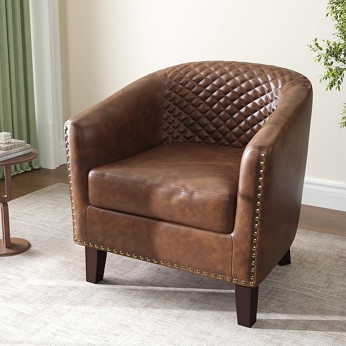 DREAMSIDEA Accent Barrel Chair, Upholstered Faux Leather Club Chair with Nailed Trim, Comfy Reading Armchair for Living Room Bedroom Reception Room Office (Brown, Set of 2)