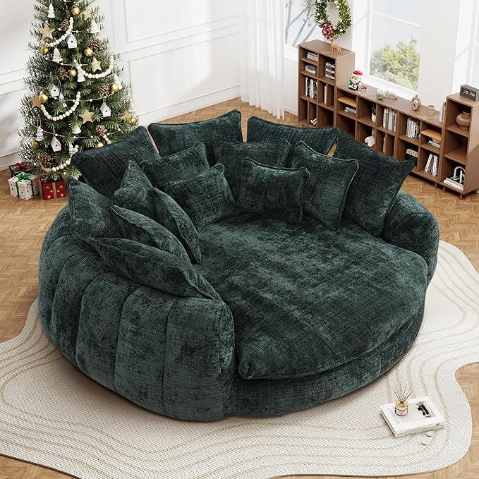 82'' Oversized Upholstered Sofa Bed, Round Chaise Lounge Chair Indoor, Modern Chenille Boneless Couch, No Assembly Required, Plush Sleeper Chair with 14 Pillows for Living Room, Emerald