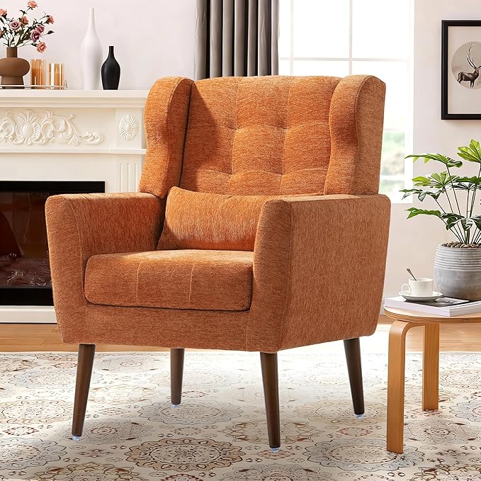 QKFF Modern Accent Chair, Upholstered Armchair with Pillow, Fabric Single Sofa Chair with Lounge Seat and Wood Legs Accent Chair for Living Room Bedroom Small Spaces (Orange, Set of 1)