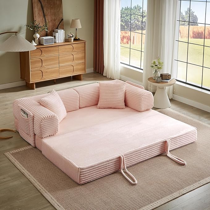 AUGOP Boneless Couch Folding Couches for Living Room Sofa, Futon Sofa Bed with Sleeper Sofa, Futon Couch with Fixed-Shape Oversized Corduroy Upholstered (Pink, 81 Inches)
