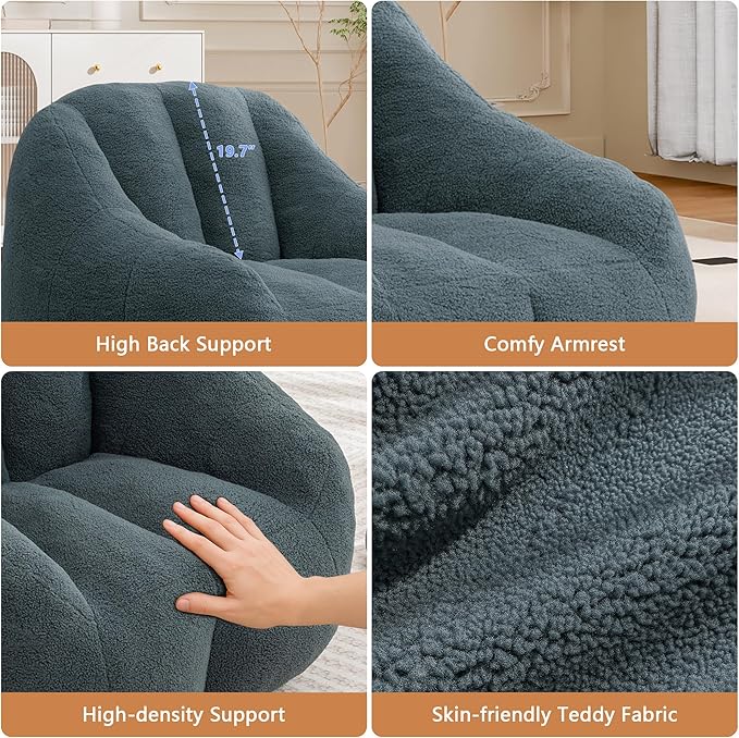 Setawix Bean Bag Chair with Filler, Comfy Teddy Bean Bag Chairs for Adults and Kids, Cozy BeanBag Sofa Fully Floor Couch with Memory Foam for Living Room Bedroom,Green