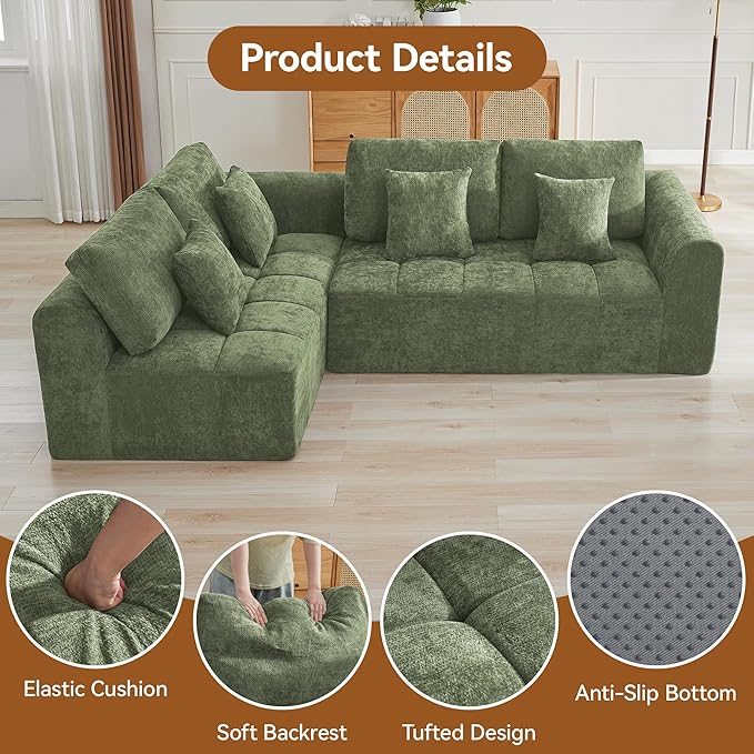 110''Modular Sectional Couches for Living Room, Cloud Boneless Compressed Sofa Left Facing Chaise, Oversized L Shaped 4 Seater Memory Foam Sofa, No Assembly, Chenille Green