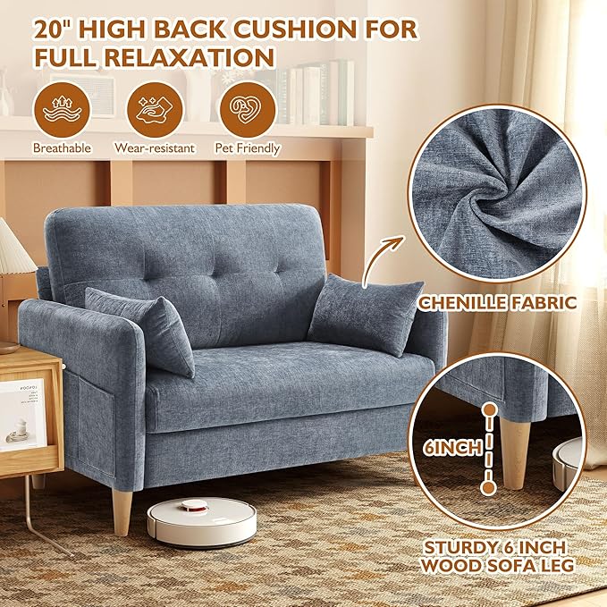 47" Small Sofa Couch for Bedroom, Soft Chenille loveseat Mini Couch with Throw Pillow and Removable Cushion Cover for Small Spaces, Living Room, Apartment, Dorm, Office(Blue Grey)