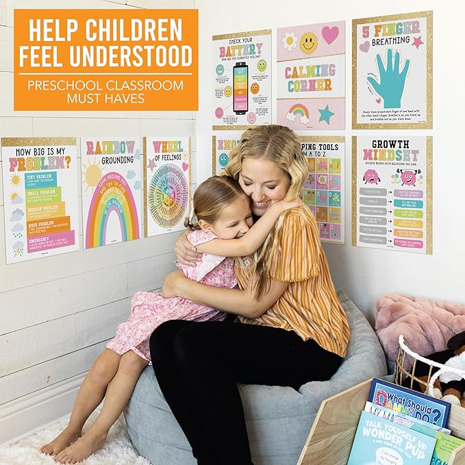 Hadley Designs 9 Calming Corner Posters For Classroom Must Haves For Teachers -11x14 Calm Down Corner Supplies, Feelings Chart For Kids Ages 4-8, Feelings Wheel Poster, Varsity Letter Classroom Decor