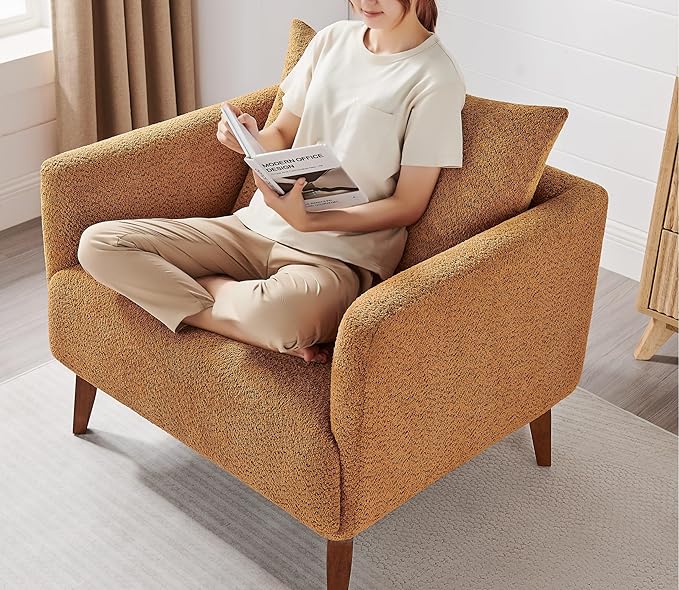 Oversized Accent Chair, 37" Wide Boucle Armchair with Solid Wood Legs, Upholstered Lounge Chair for Bedroom Office, Modern Accent Chair for Living Room, Cozy Reading Chair, Easy Assembly, Curry