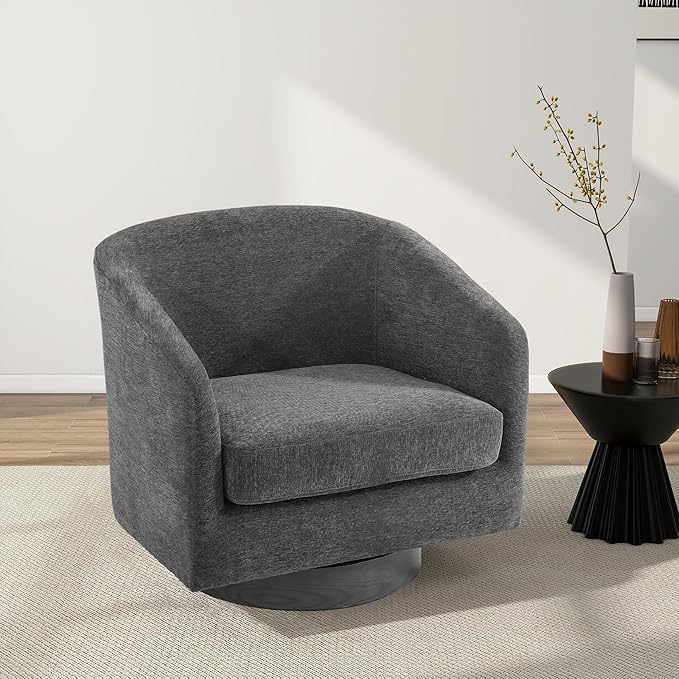 Swivel Barrel Chair, Modern Round PU Leather Accent Armchair for Living Room, Bedroom, Oversized Comfy Club Reading Chairs for Adults (Chenille Grey, Set of 1)