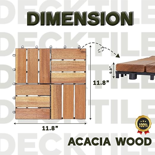 VICTORY RELAX Acacia Wood Decking Tiles 9PCS - Easy Snap Interlocking Deck Tiles for Patio Poolside Balcony Decor - All Weather Waterproof Flooring for Indoor & Outdoor (Round Joints)